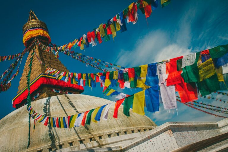 Prayer flags strung from the Boudhanath stupa in Kathmandu, Nepal