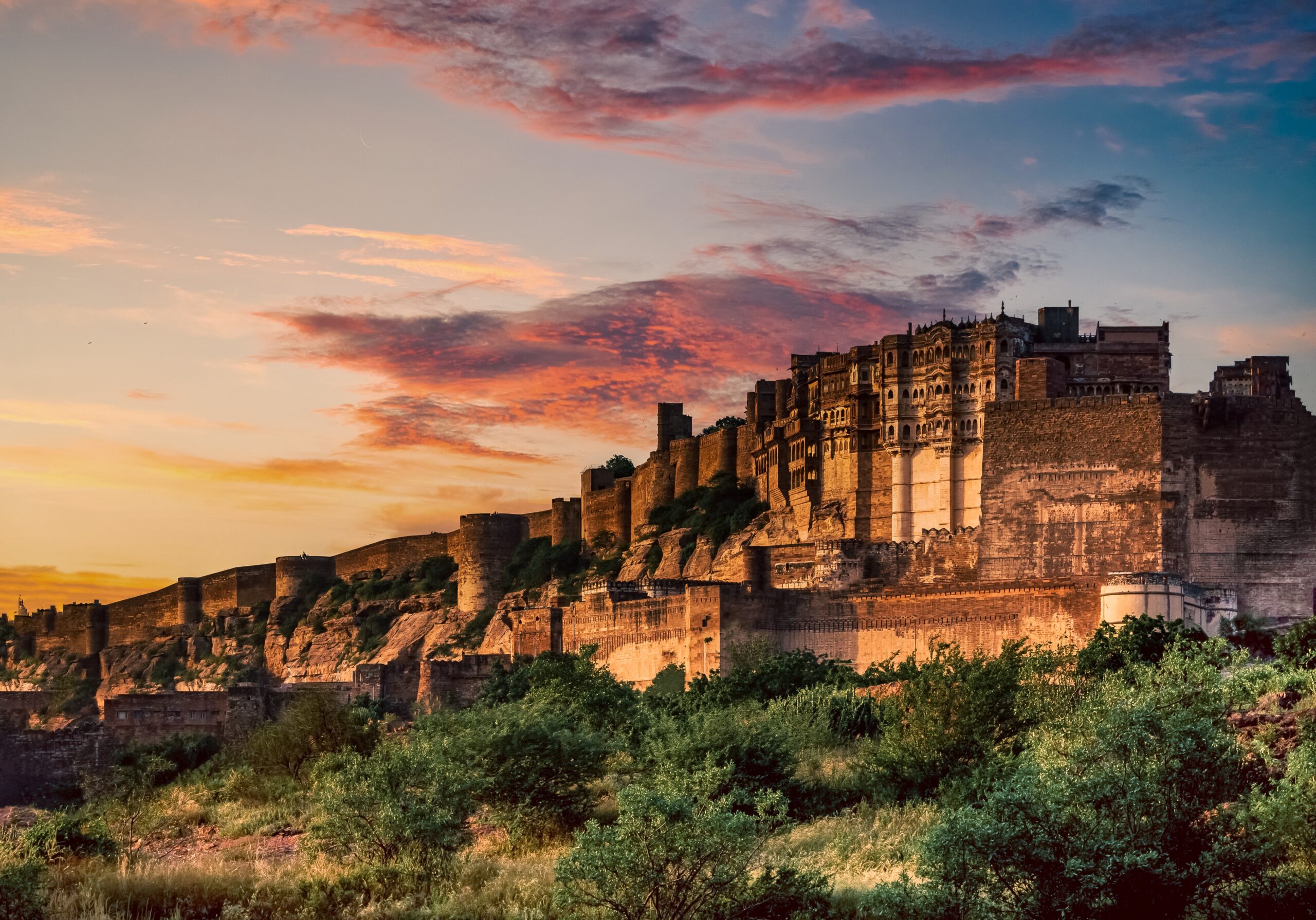 Mehrangarh Fort above the blue city of Jodhpur, Rajasthan
