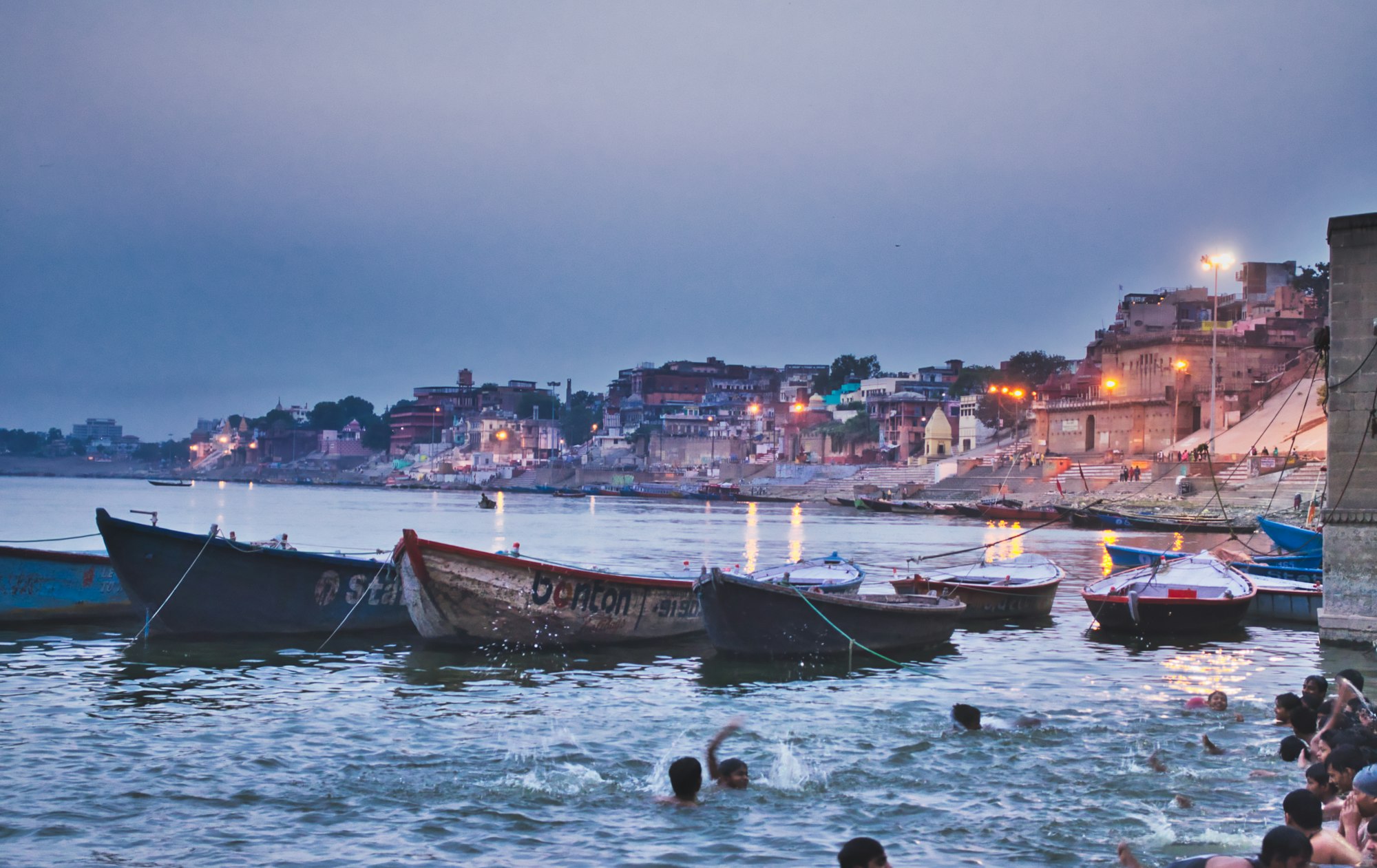 Evening on the ghats of Varanasi beside the Ganges